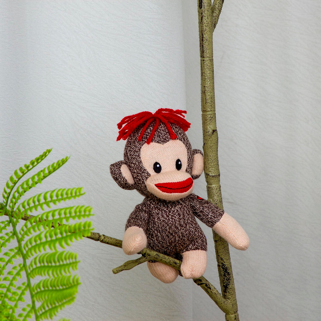 Plushland Curioso Brown Sock Monkey – Hand Knitted 6-Inch Plush with Heart Symbol