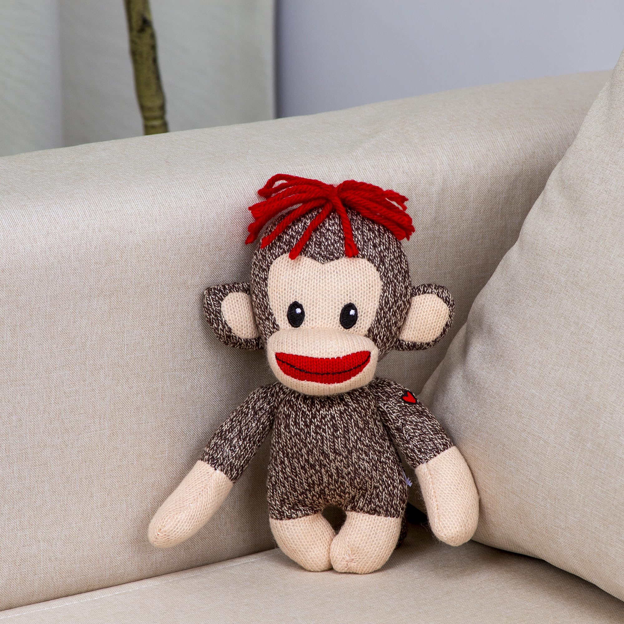 Plushland Curioso Brown Sock Monkey – Hand Knitted 6-Inch Plush with Heart Symbol