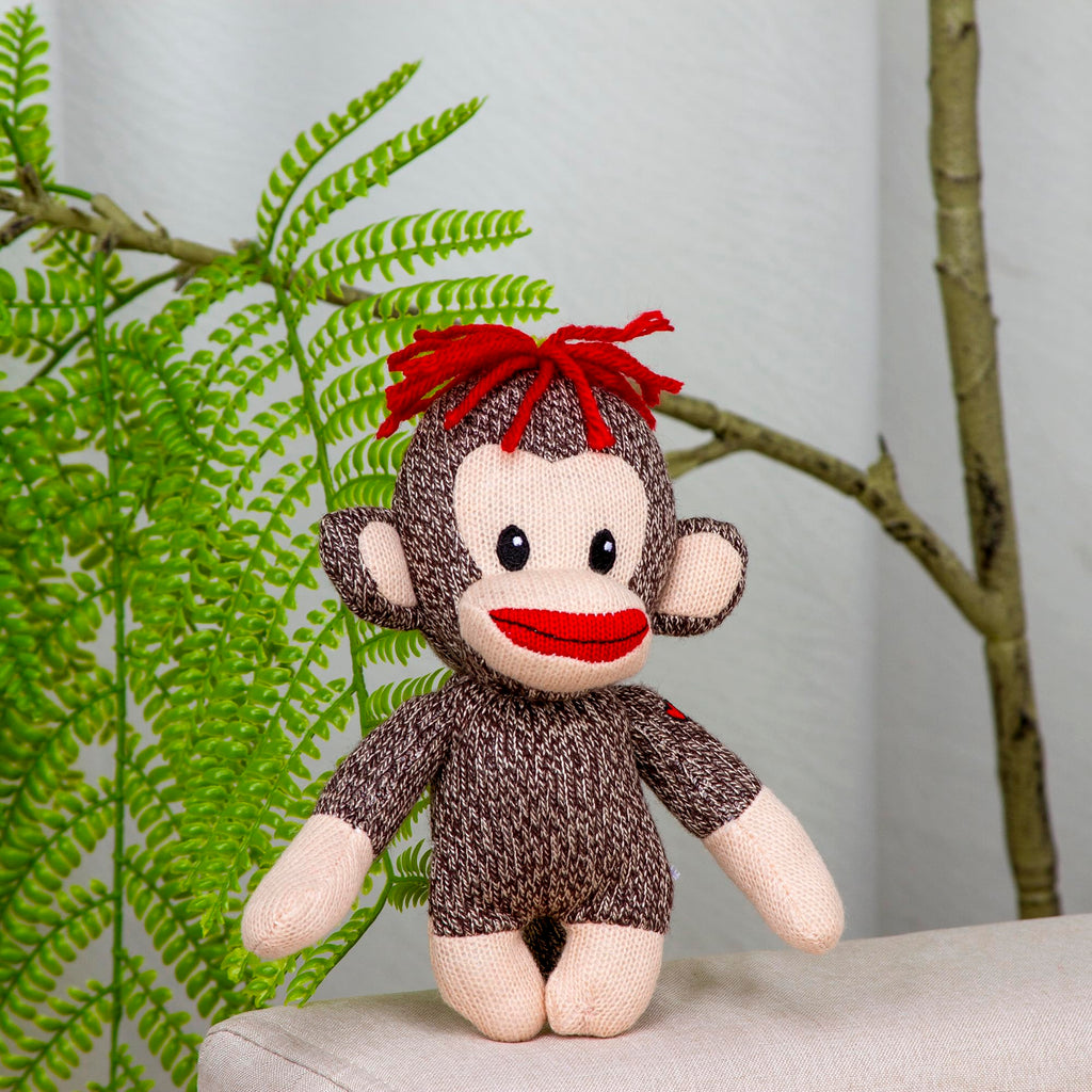Plushland Curioso Brown Sock Monkey – Hand Knitted 6-Inch Plush with Heart Symbol