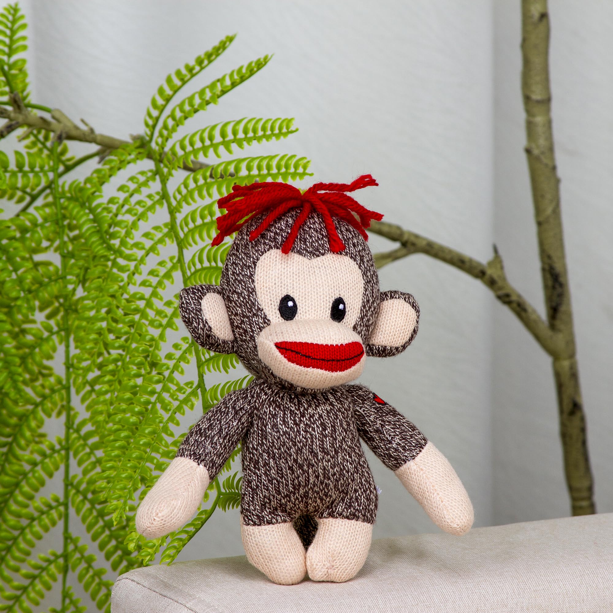 Plushland Curioso Brown Sock Monkey – Hand Knitted 6-Inch Plush with Heart Symbol
