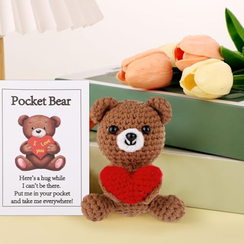 Pocket Hug Bear with Love Heart - Crochet Emotional Support Bear, Brown, 9x6x6 cm, Includes Card (TOYMIS)