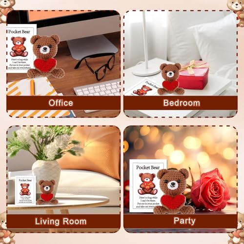 Pocket Hug Bear with Love Heart - Crochet Emotional Support Bear, Brown, 9x6x6 cm, Includes Card (TOYMIS)