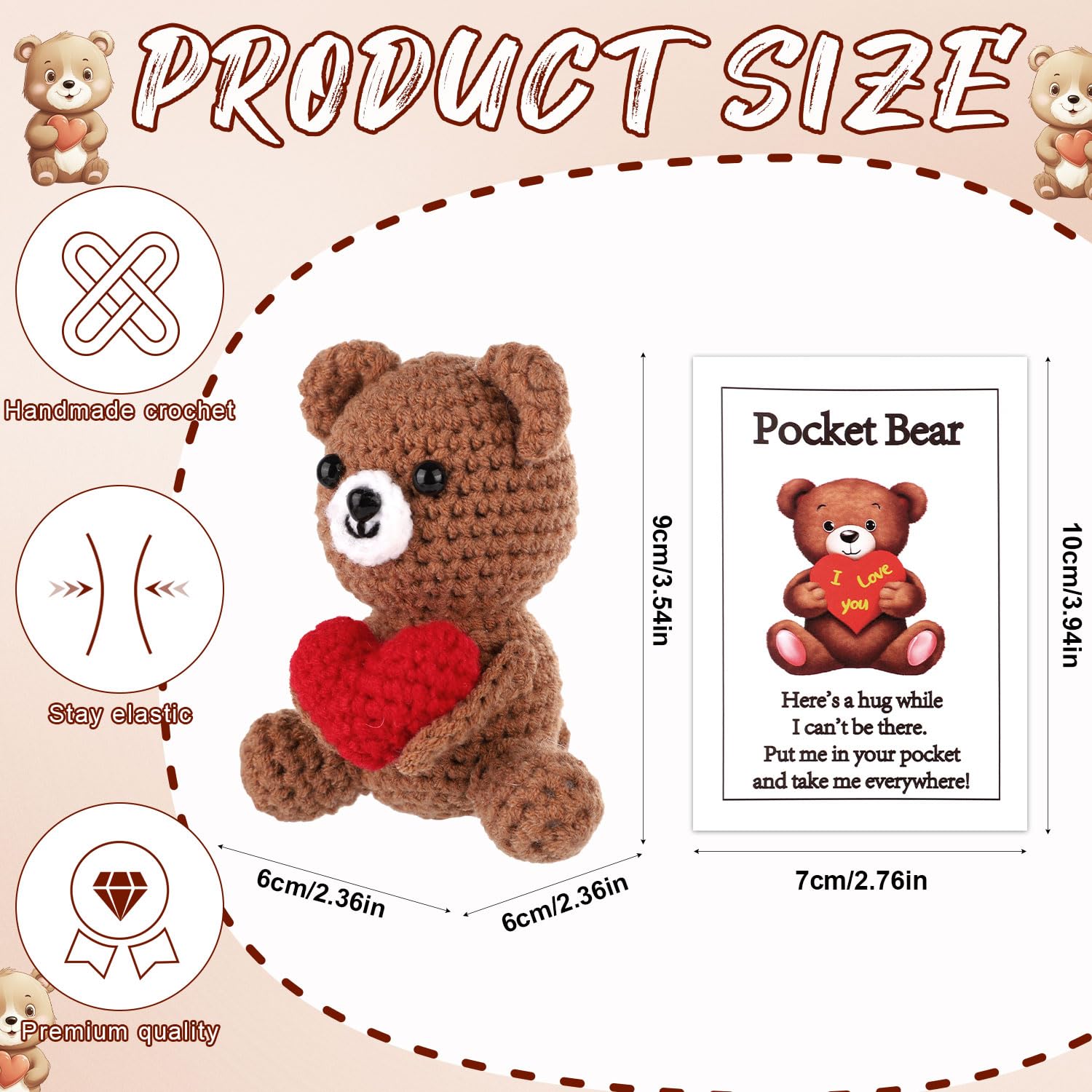 Pocket Hug Bear with Love Heart - Crochet Emotional Support Bear, Brown, 9x6x6 cm, Includes Card (TOYMIS)