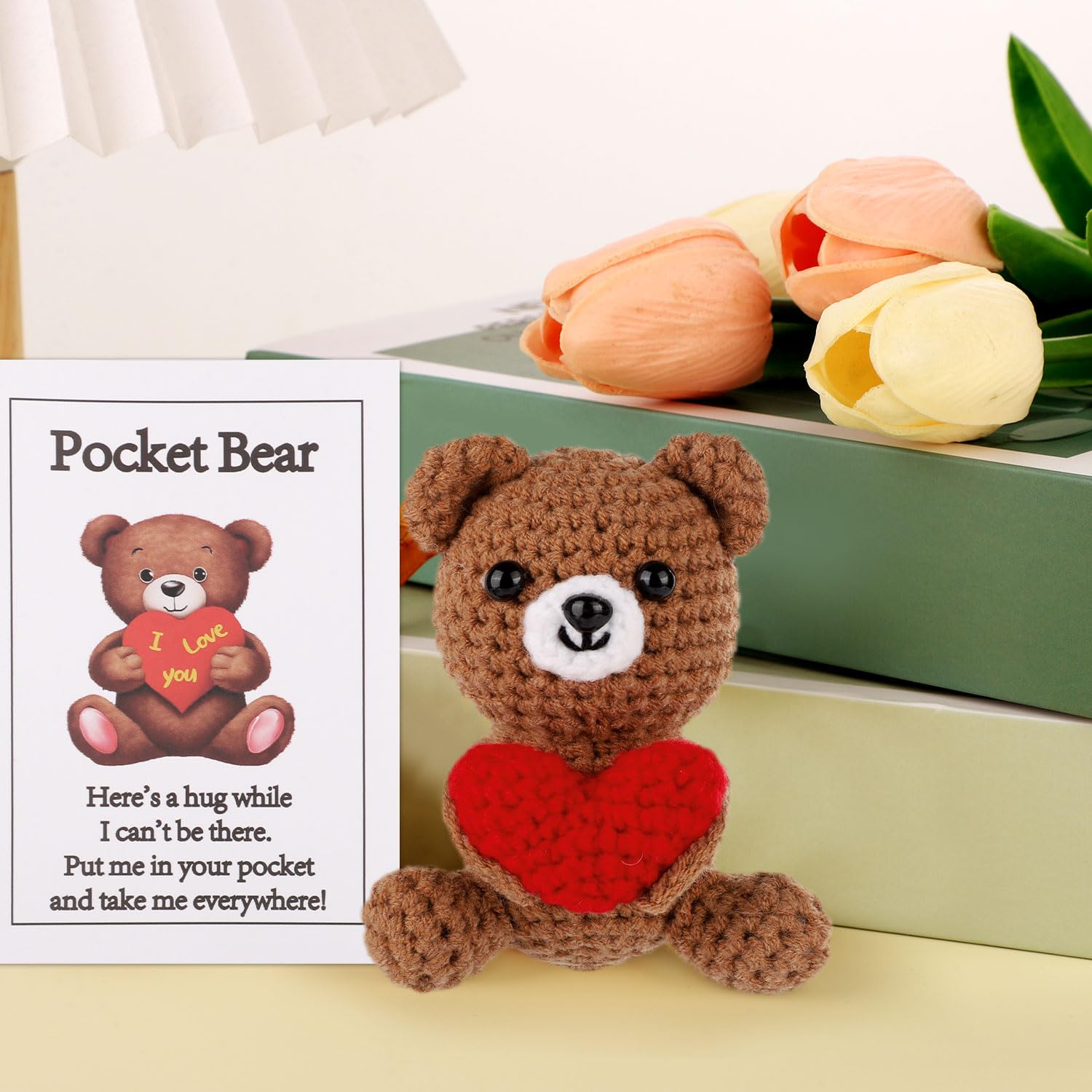 Pocket Hug Bear with Love Heart - Crochet Emotional Support Bear, Brown, 9x6x6 cm, Includes Card (TOYMIS)