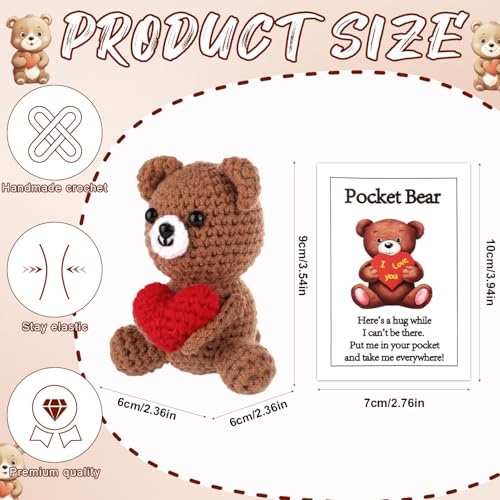 Pocket Hug Bear with Love Heart - Crochet Emotional Support Bear, Brown, 9x6x6 cm, Includes Card (TOYMIS)