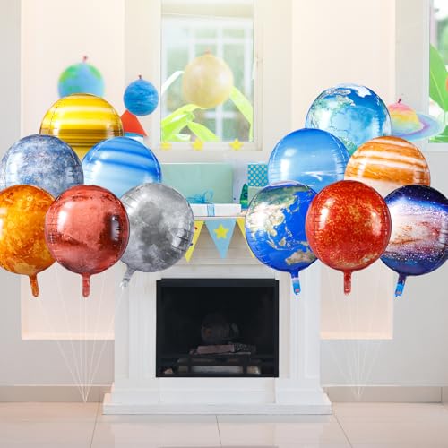 Poen 12-Pack 22-Inch 4D Space Balloons - Planet Solar System Decorations for Space Theme Party and Classroom Learning