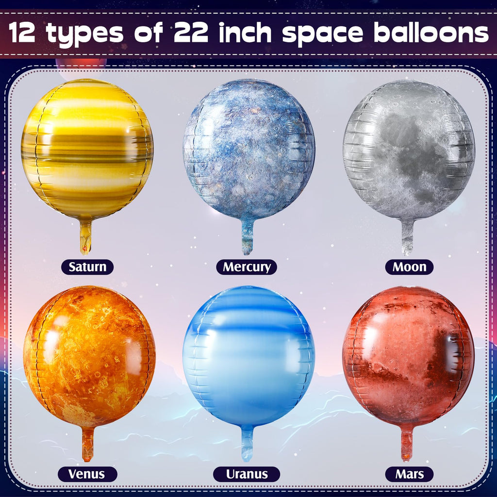 Poen 12-Pack 22-Inch 4D Space Balloons - Planet Solar System Decorations for Space Theme Party and Classroom Learning