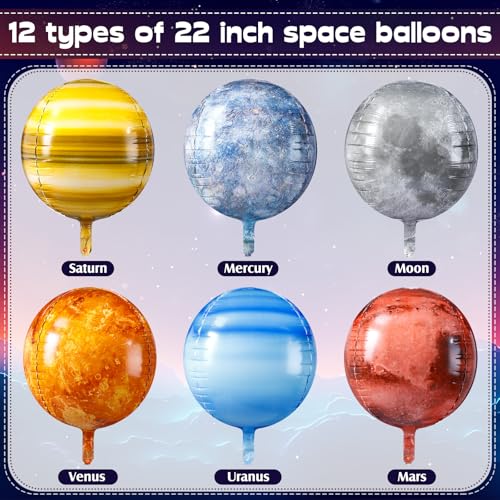 Poen 12-Pack 22-Inch 4D Space Balloons - Planet Solar System Decorations for Space Theme Party and Classroom Learning