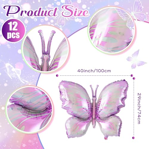 Poen 12 Pack 40 Inch Purple Gradient Butterfly Foil Balloons for Party Decor