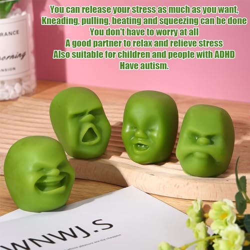 Poen 4 Pack Funny Human Face Stress Balls - Squeeze Fidget Toys for Adults, Emotion Face Balls, Green