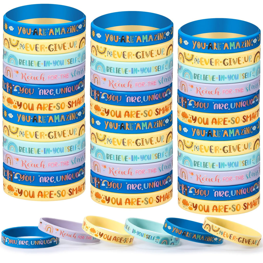Poen 48 Motivational Silicone Bracelets - Boho Rainbow Wristbands for Kids, Students, and Teachers