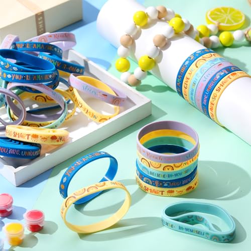 Poen 48 Motivational Silicone Bracelets - Boho Rainbow Wristbands for Kids, Students, and Teachers