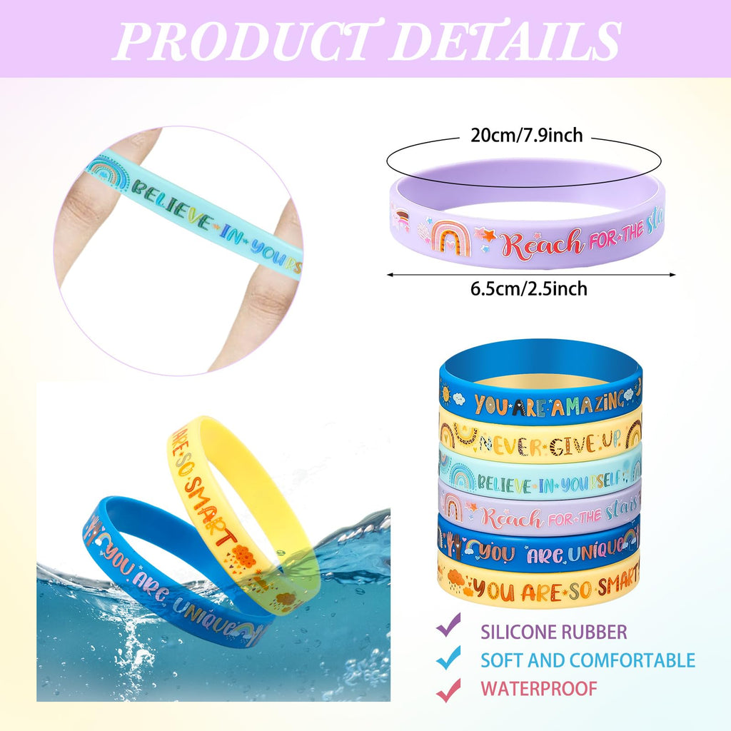 Poen 48 Motivational Silicone Bracelets - Boho Rainbow Wristbands for Kids, Students, and Teachers