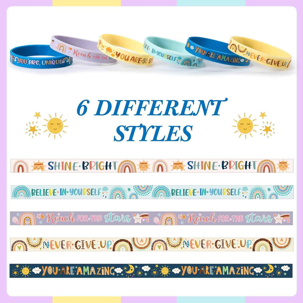 Poen 48 Motivational Silicone Bracelets - Boho Rainbow Wristbands for Kids, Students, and Teachers