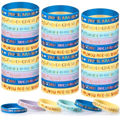 Poen 48 Motivational Silicone Bracelets - Boho Rainbow Wristbands for Kids, Students, and Teachers