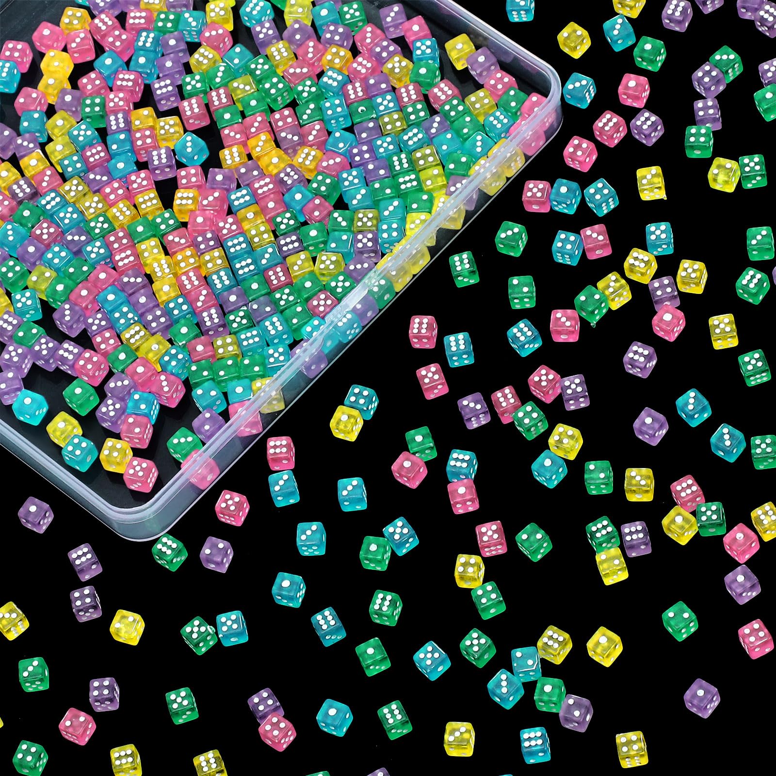 Poen 500 Mini Dice Set – 5mm Acrylic Dice in 5 Transparent Colors with Portable Plastic Box for Casino Night, Board Games, and Math Learning