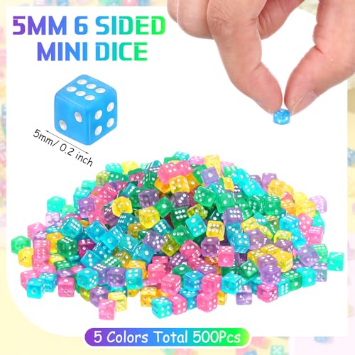 Poen 500 Mini Dice Set – 5mm Acrylic Dice in 5 Transparent Colors with Portable Plastic Box for Casino Night, Board Games, and Math Learning