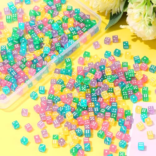 Poen 500 Mini Dice Set – 5mm Acrylic Dice in 5 Transparent Colors with Portable Plastic Box for Casino Night, Board Games, and Math Learning