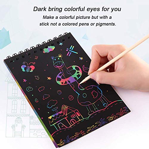 POKONBOY 16 Scratch Art Notebooks for Kids - 10 Sheets Each, 16 Wooden Styluses & 4 Stencils, Party Favors