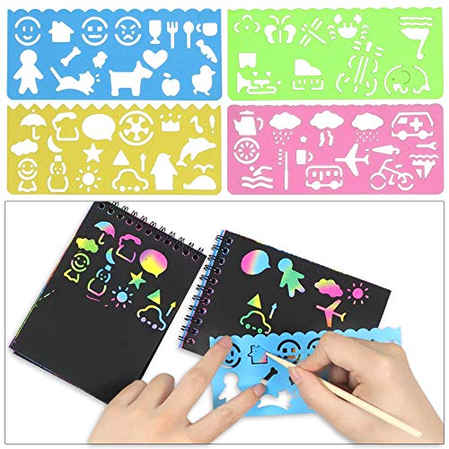 POKONBOY 16 Scratch Art Notebooks for Kids - 10 Sheets Each, 16 Wooden Styluses & 4 Stencils, Party Favors