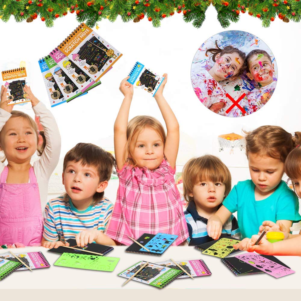 POKONBOY 16 Scratch Art Notebooks for Kids - 10 Sheets Each, 16 Wooden Styluses & 4 Stencils, Party Favors