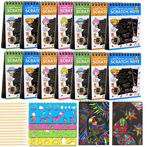 POKONBOY 16 Scratch Art Notebooks for Kids - 10 Sheets Each, 16 Wooden Styluses & 4 Stencils, Party Favors