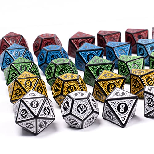 Poludie 5 Sets DND Dice (35pcs) with Leather Bag – Window Lattice Carved Acrylic Polyhedral Dice for RPG Games