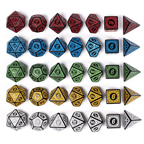 Poludie 5 Sets DND Dice (35pcs) with Leather Bag – Window Lattice Carved Acrylic Polyhedral Dice for RPG Games