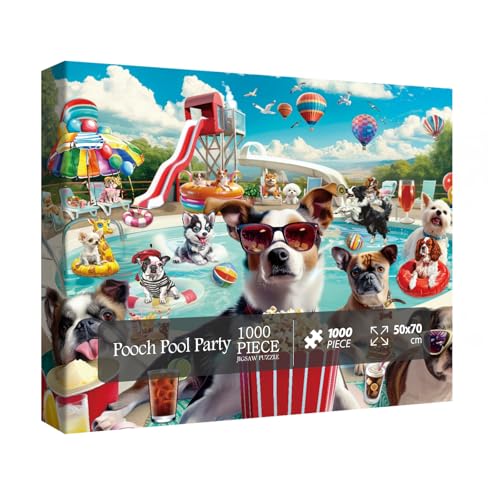 Poolside Puppy Party 1000-Piece Jigsaw Puzzle – Funny Dog Summer Scene for Adults