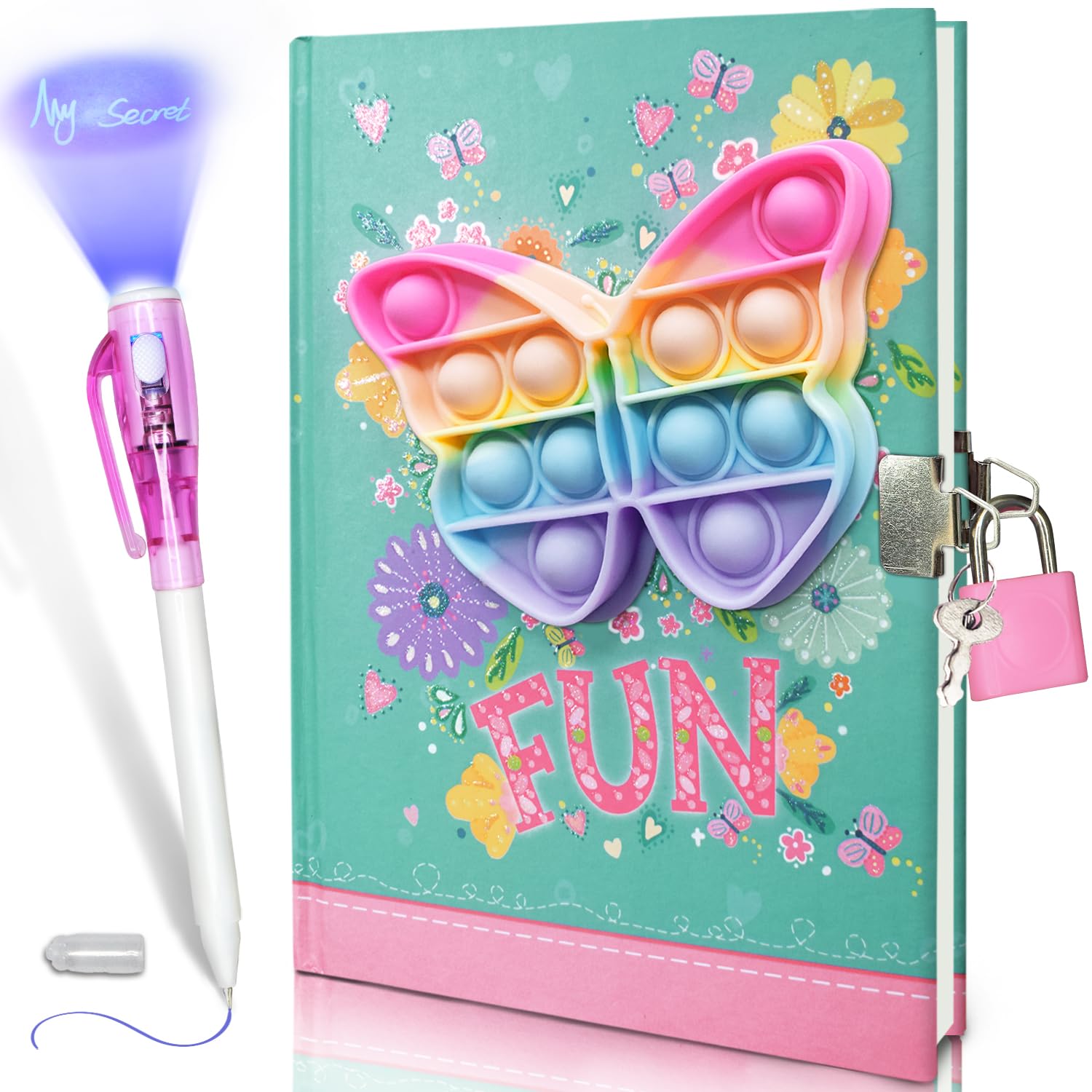 Pop Fidget Butterfly Diary with Lock and Invisible Ink Pen – 160 Lined Pages, 7.5x5.4 Inches, for Kids Ages 6-12