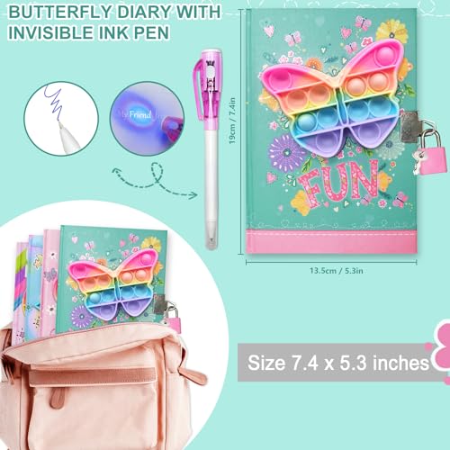 Pop Fidget Butterfly Diary with Lock and Invisible Ink Pen – 160 Lined Pages, 7.5x5.4 Inches, for Kids Ages 6-12