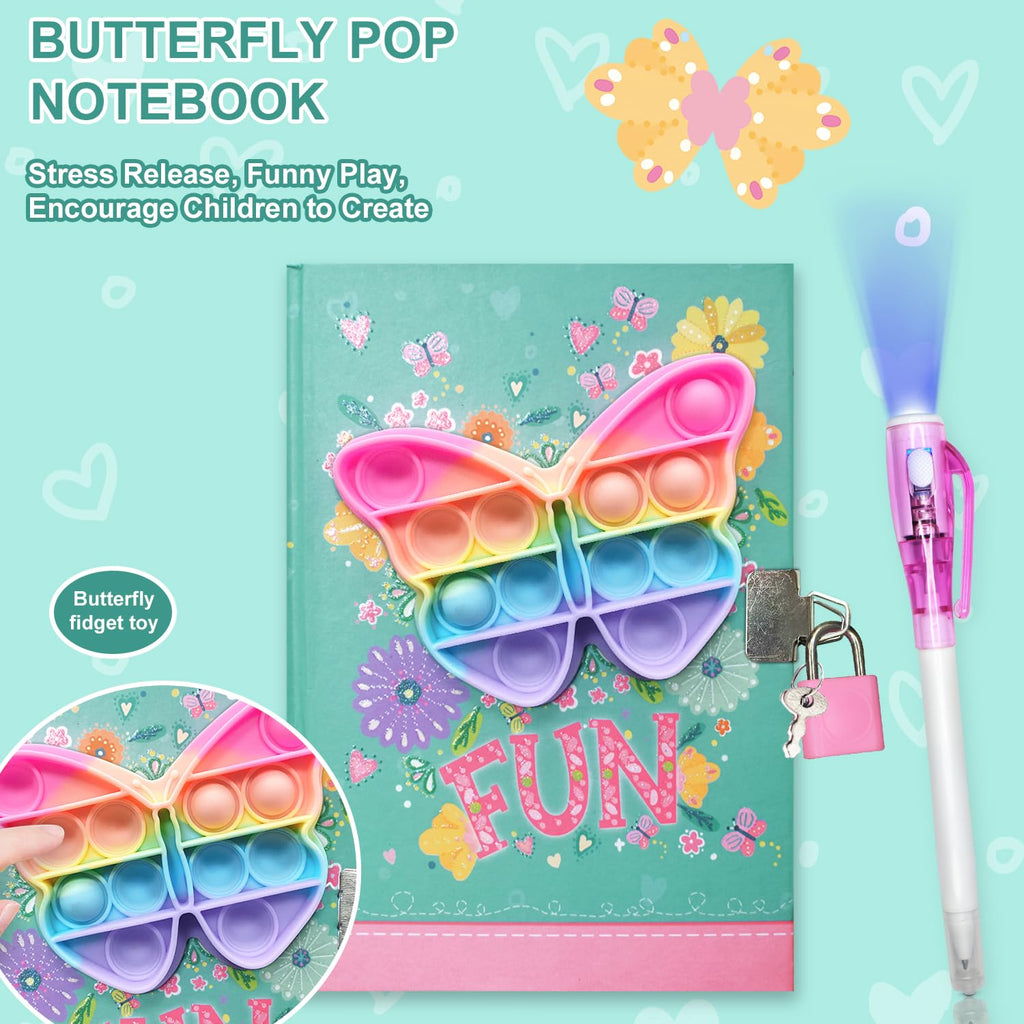 Pop Fidget Butterfly Diary with Lock and Invisible Ink Pen – 160 Lined Pages, 7.5x5.4 Inches, for Kids Ages 6-12