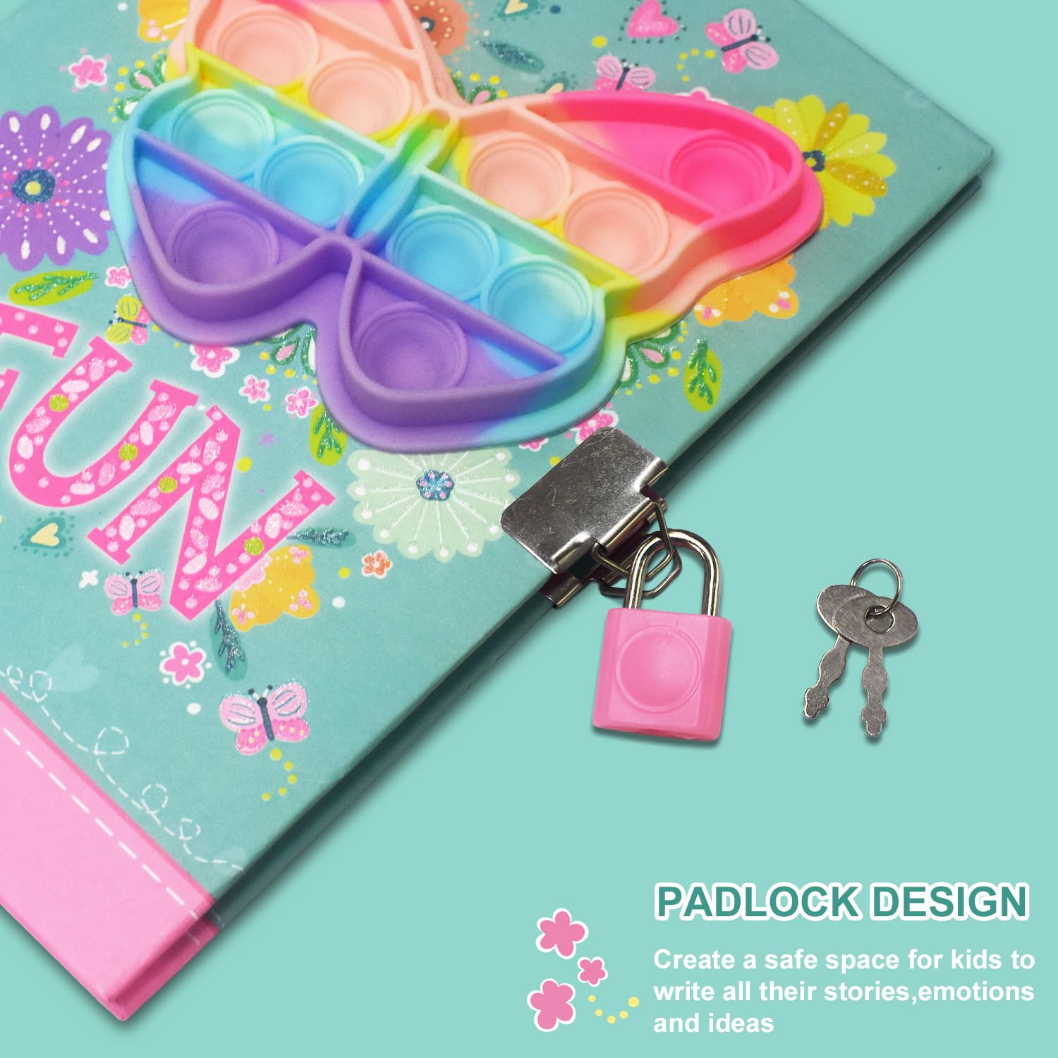 Pop Fidget Butterfly Diary with Lock and Invisible Ink Pen – 160 Lined Pages, 7.5x5.4 Inches, for Kids Ages 6-12