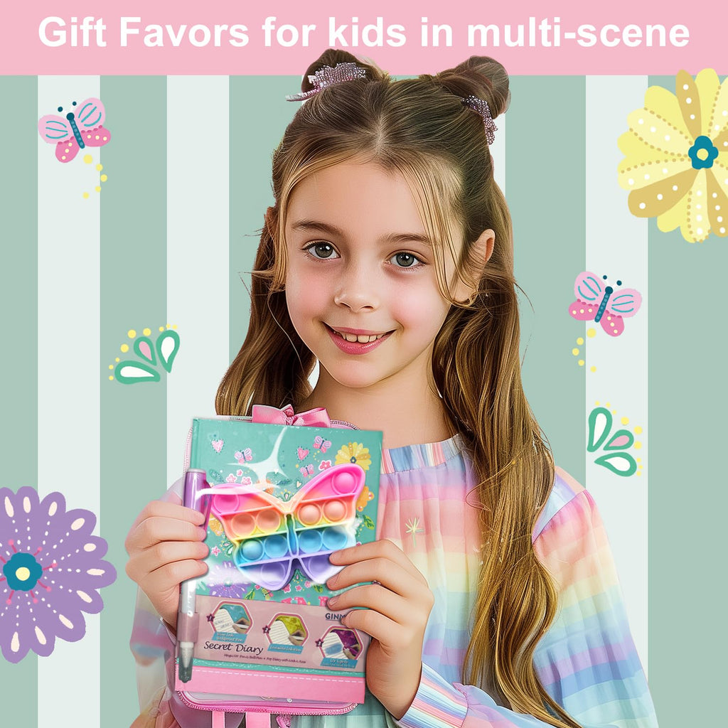 Pop Fidget Butterfly Diary with Lock and Invisible Ink Pen – 160 Lined Pages, 7.5x5.4 Inches, for Kids Ages 6-12