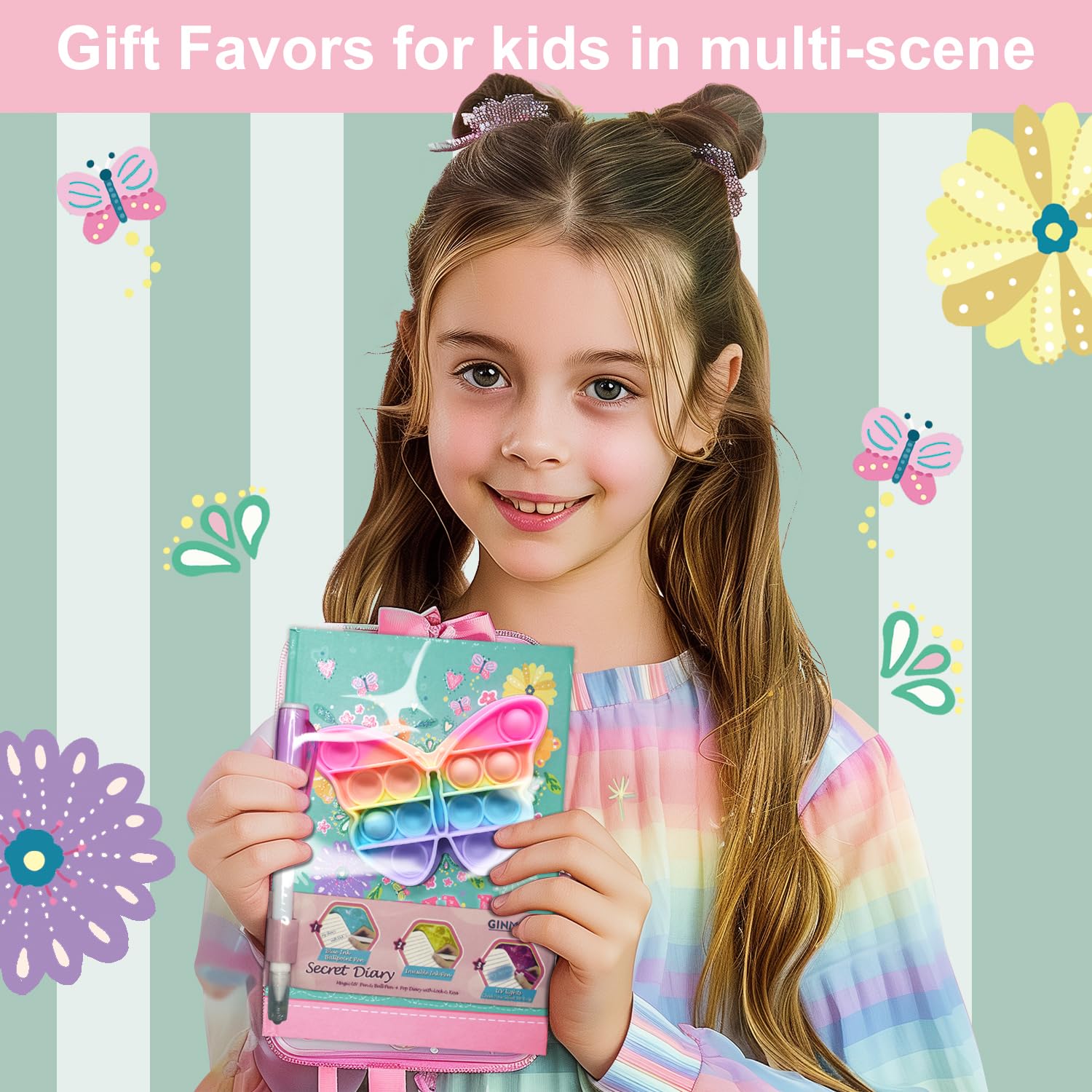 Pop Fidget Butterfly Diary with Lock and Invisible Ink Pen – 160 Lined Pages, 7.5x5.4 Inches, for Kids Ages 6-12