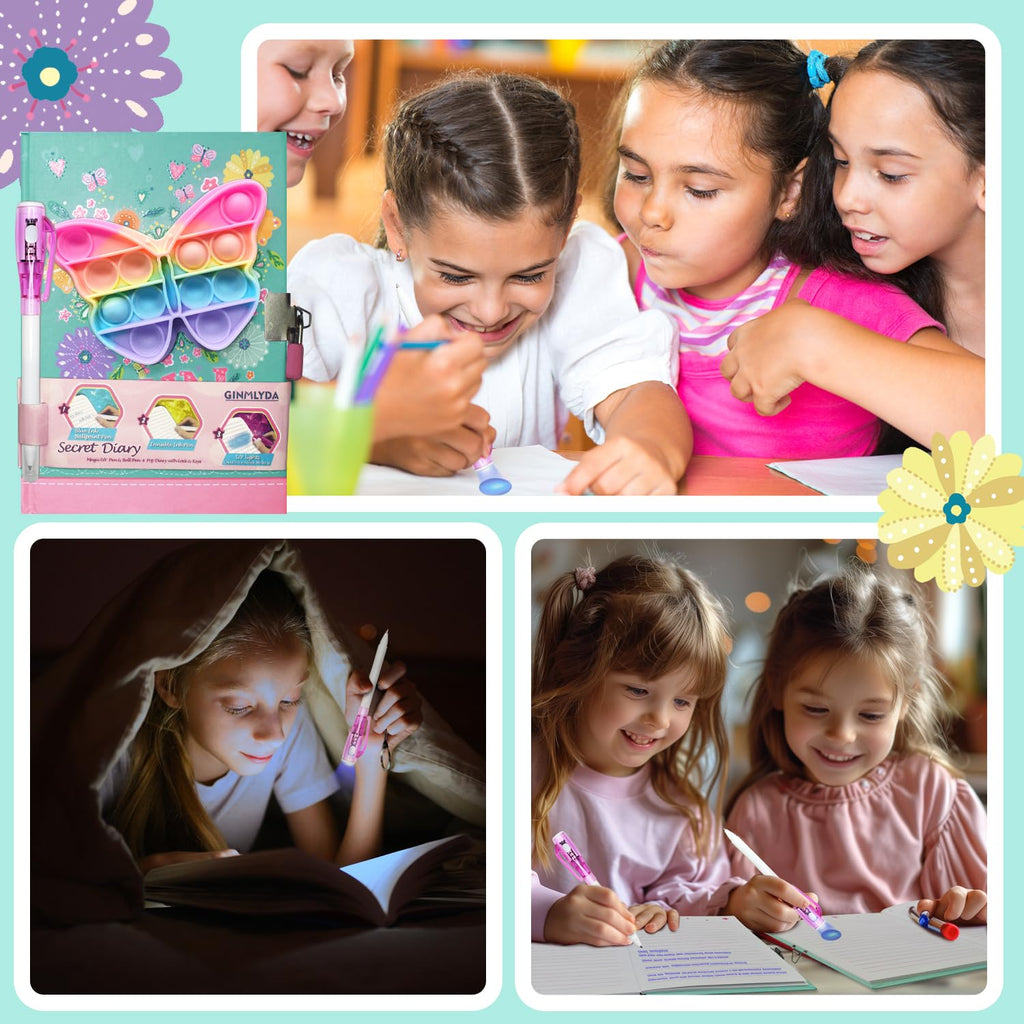 Pop Fidget Butterfly Diary with Lock and Invisible Ink Pen – 160 Lined Pages, 7.5x5.4 Inches, for Kids Ages 6-12
