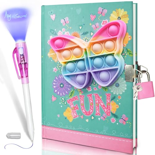 Pop Fidget Butterfly Diary with Lock and Invisible Ink Pen – 160 Lined Pages, 7.5x5.4 Inches, for Kids Ages 6-12