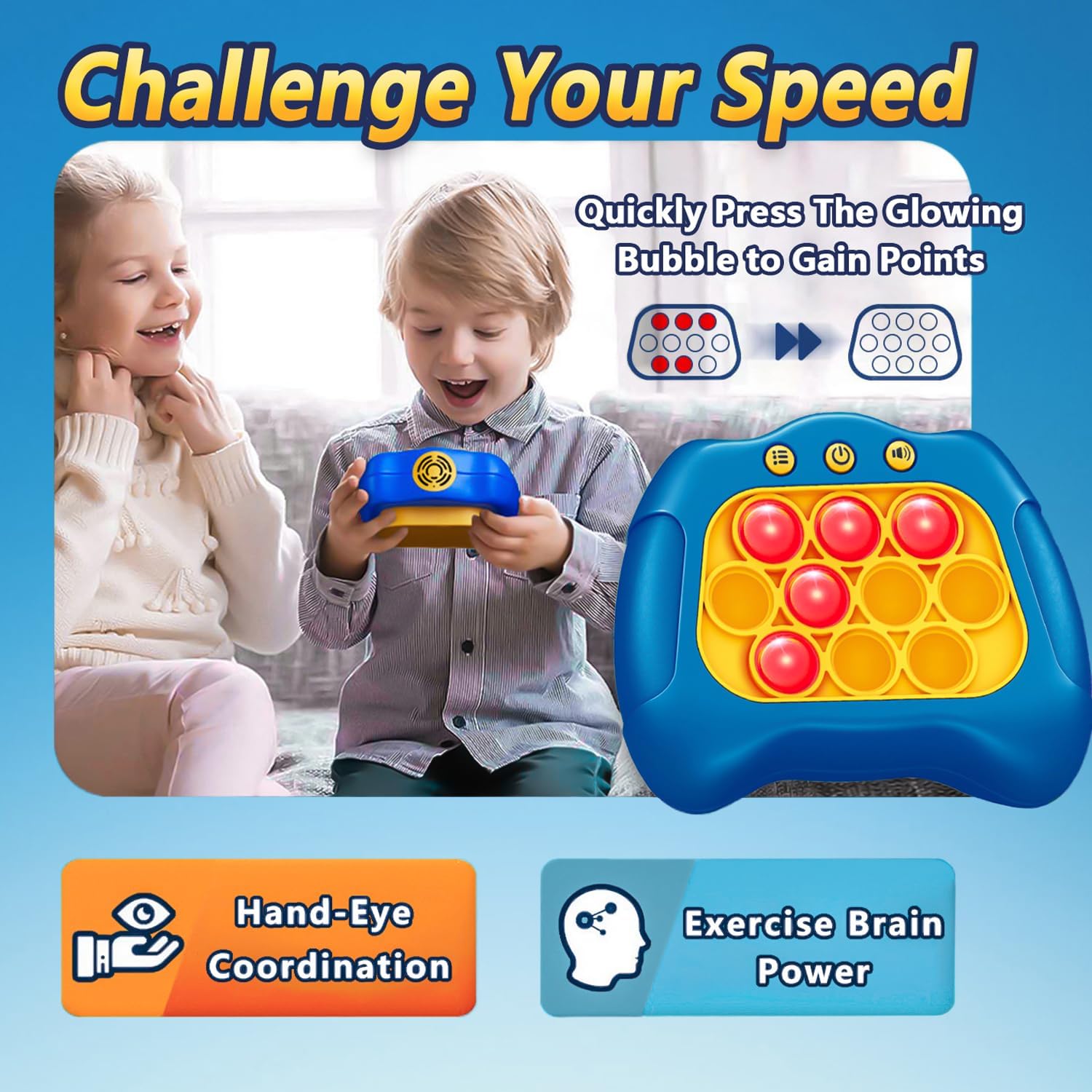 Pop Push Game Toy for Kids - Blue - Handheld Fidget Game with 4 Modes