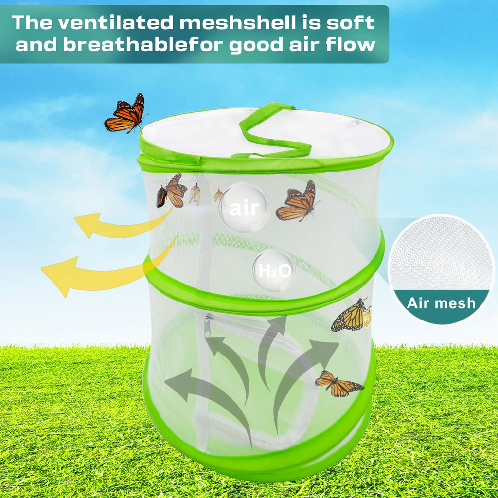 Pop-Up Butterfly Habitat Cage – 12" x 12" x 14" Green Mesh Insect Net with Double Zipper
