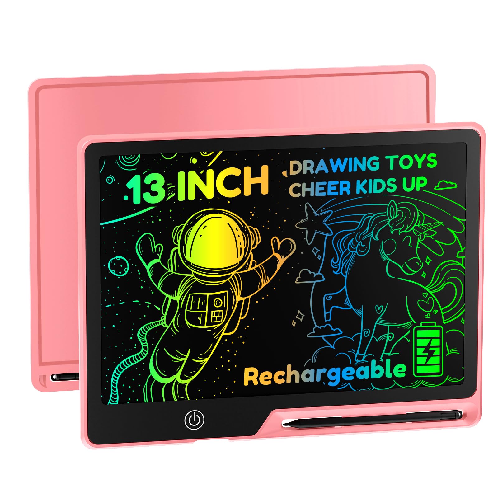 POPERFUN 13 Inch LCD Writing Tablet for Kids - Pink Rechargeable Doodle Board, Anti-Blue Light, Travel Friendly