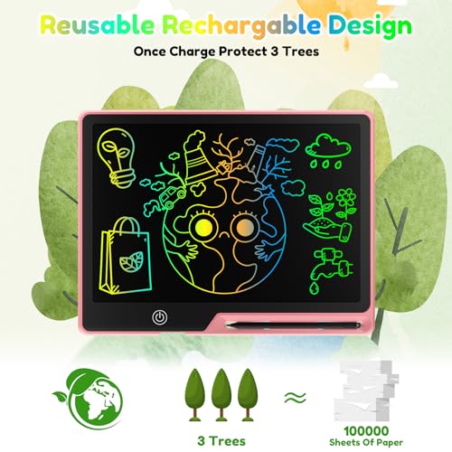 POPERFUN 13 Inch LCD Writing Tablet for Kids - Pink Rechargeable Doodle Board, Anti-Blue Light, Travel Friendly