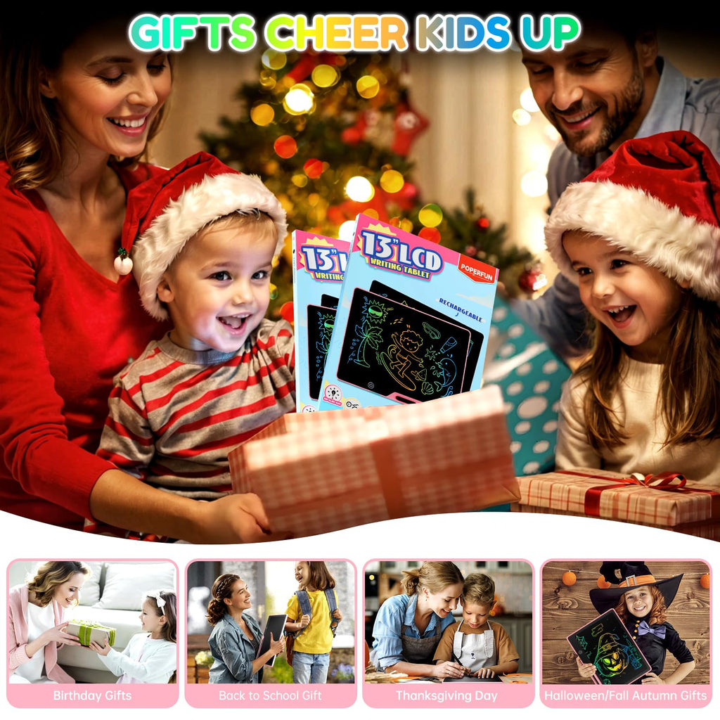 POPERFUN 13 Inch LCD Writing Tablet for Kids - Pink Rechargeable Doodle Board, Anti-Blue Light, Travel Friendly