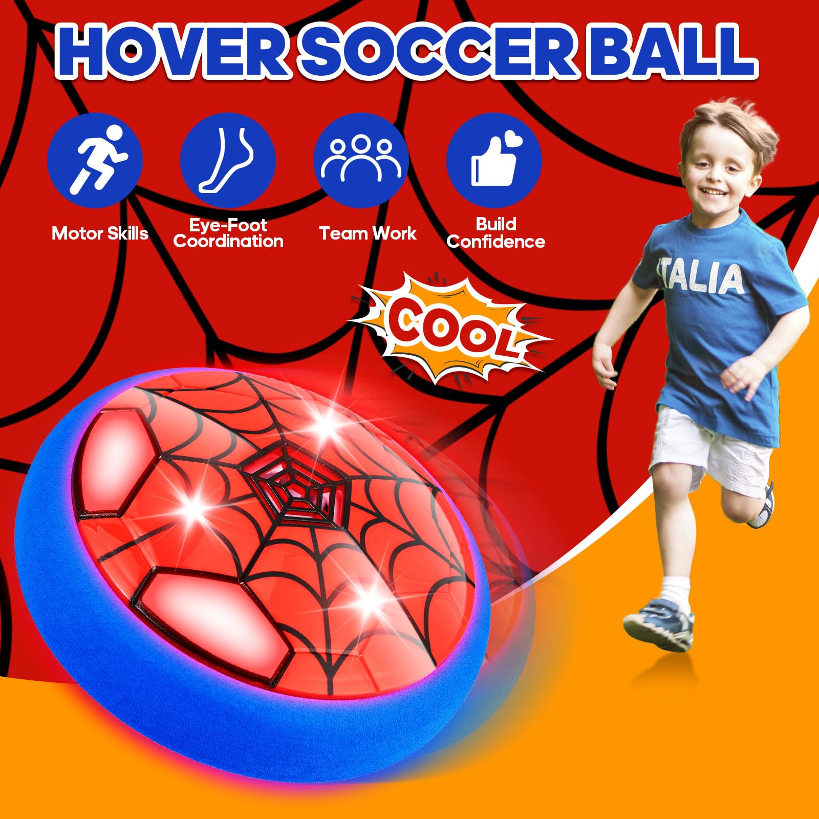 POPSVON Light-Up Hover Soccer Ball with LED Spider Design – Indoor Floating Soccer Toy for Kids Ages 4-12, Includes Batteries