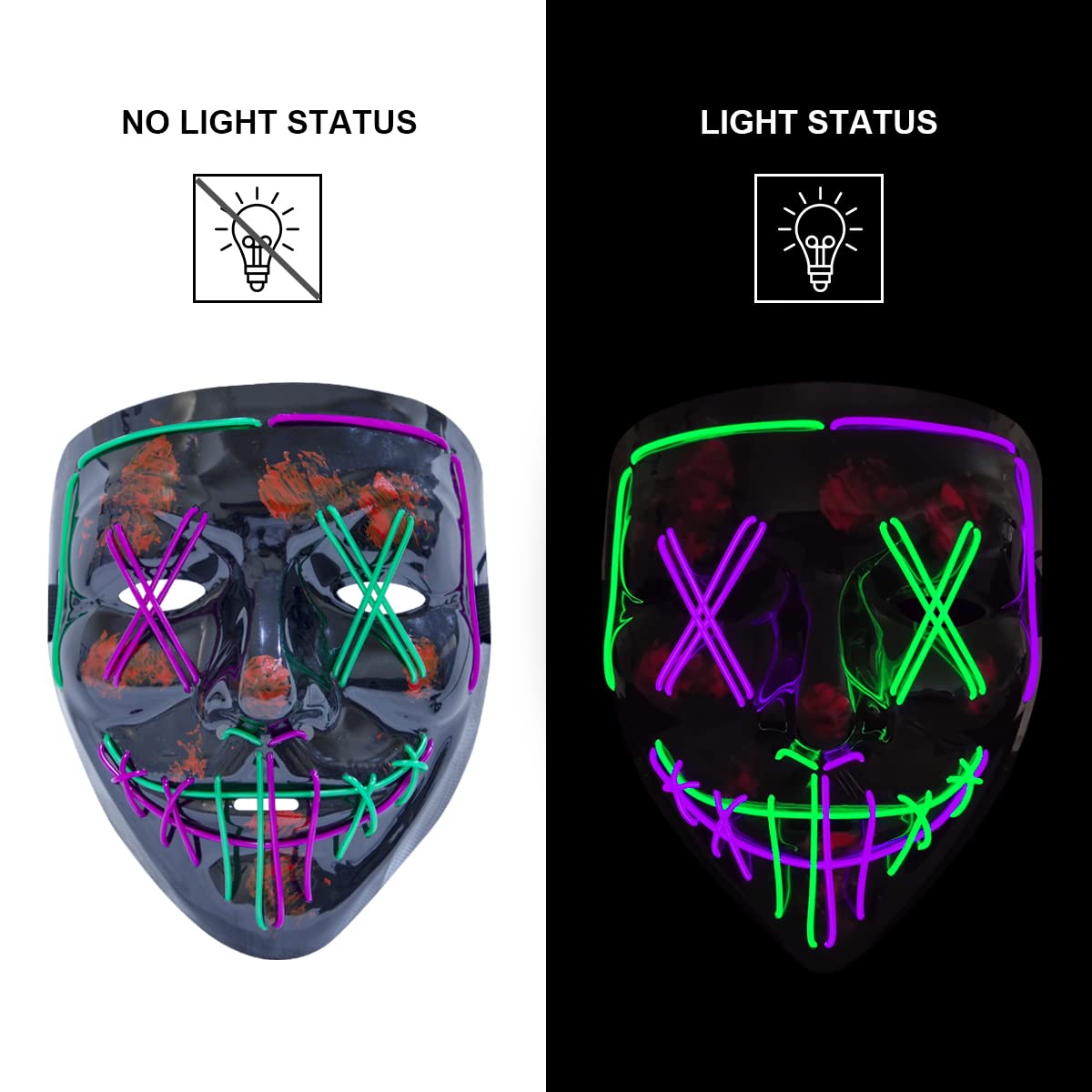 Poptrend Green+Purple LED Light-Up Mask for Halloween, Raves & Costume Parties – 3 Modes, Adjustable Strap