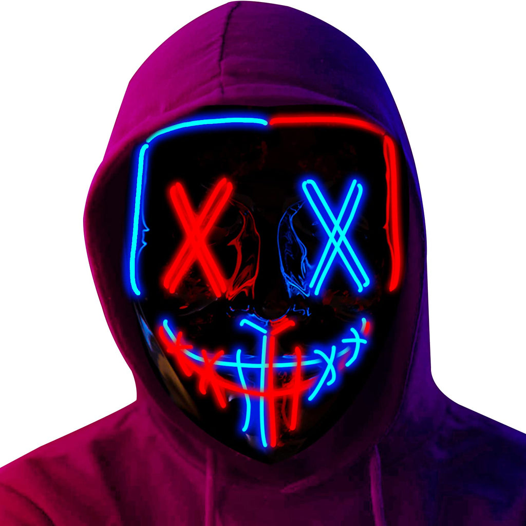 Poptrend LED Light-up Halloween Mask with 3 Modes – Red+Blue PVC & EL Wire Costume Mask