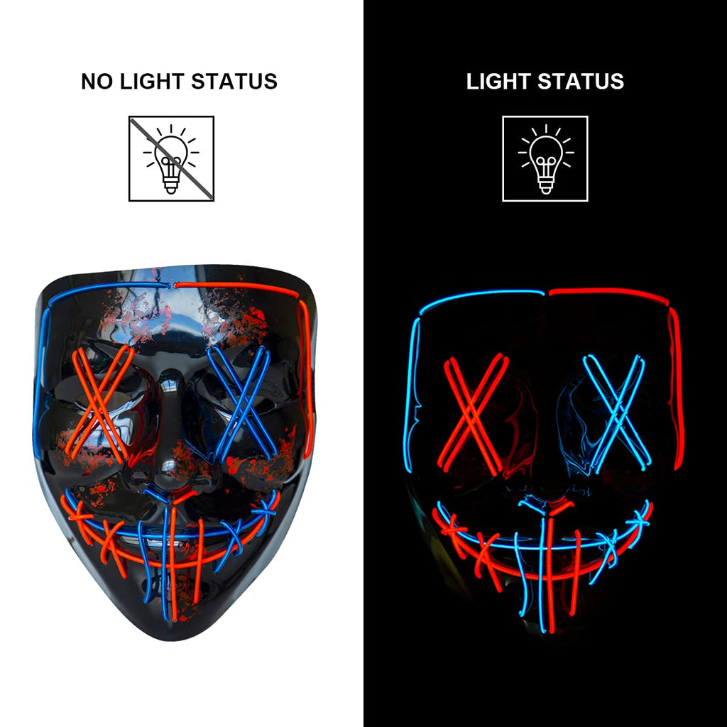 Poptrend LED Light-up Halloween Mask with 3 Modes – Red+Blue PVC & EL Wire Costume Mask