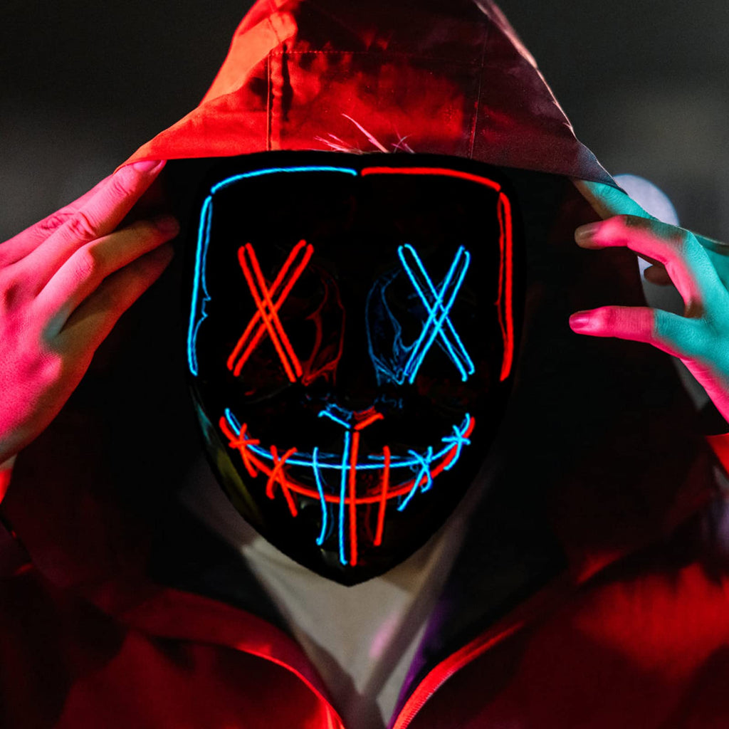 Poptrend LED Light-up Halloween Mask with 3 Modes – Red+Blue PVC & EL Wire Costume Mask