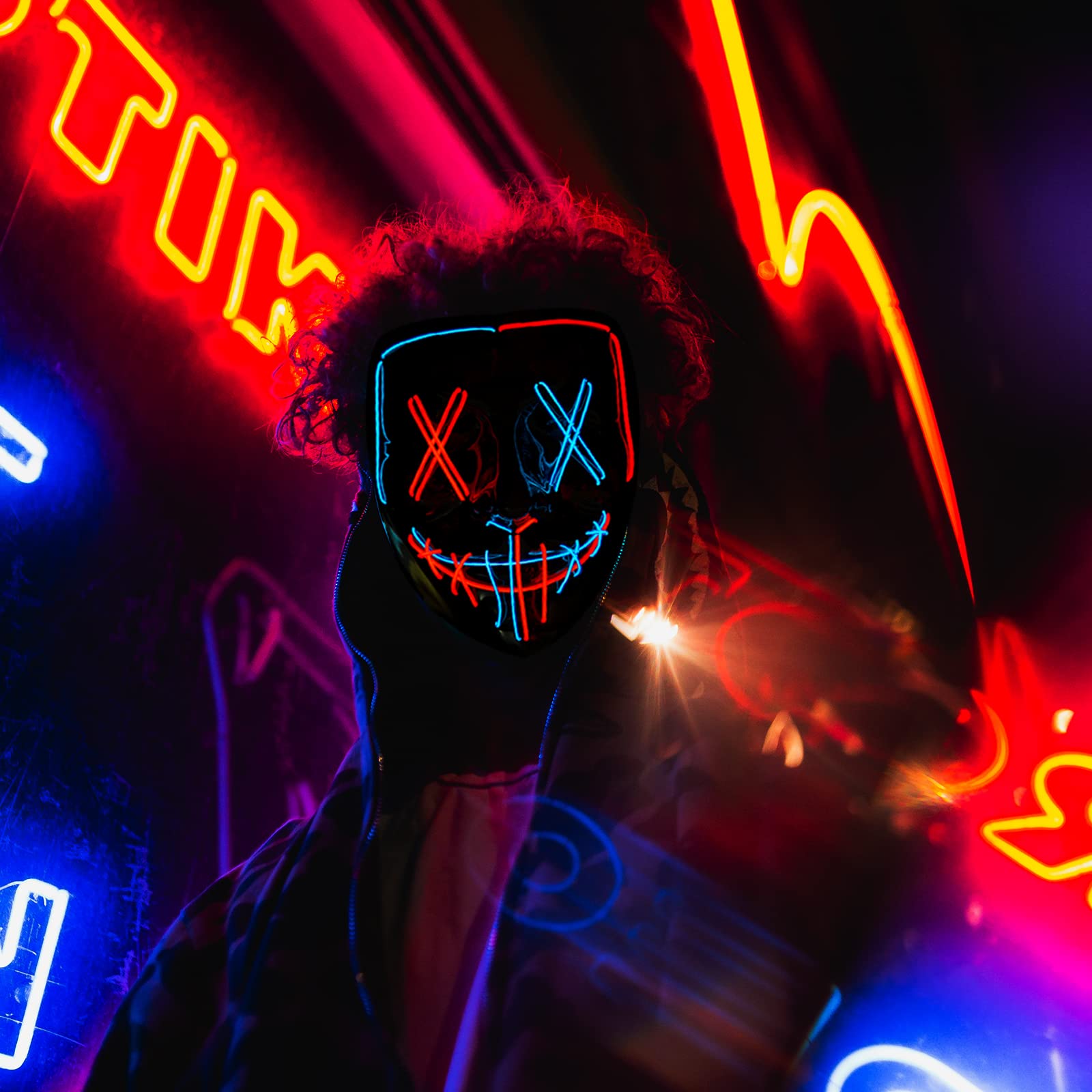 Poptrend LED Light-up Halloween Mask with 3 Modes – Red+Blue PVC & EL Wire Costume Mask