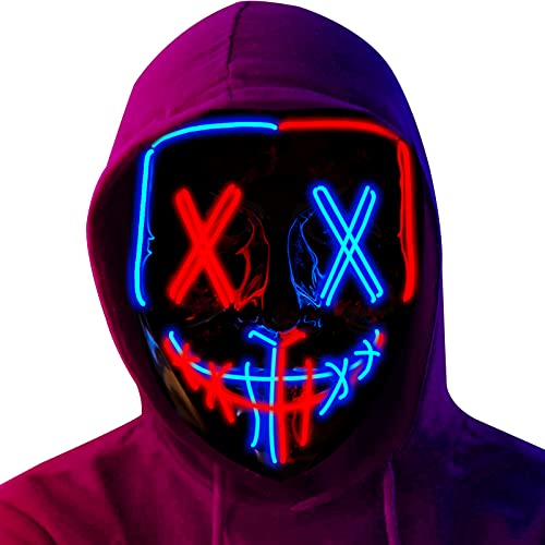 Poptrend LED Light-up Halloween Mask with 3 Modes – Red+Blue PVC & EL Wire Costume Mask