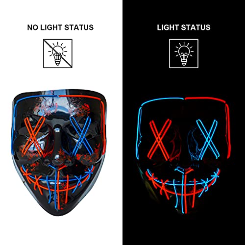 Poptrend LED Light-up Halloween Mask with 3 Modes – Red+Blue PVC & EL Wire Costume Mask